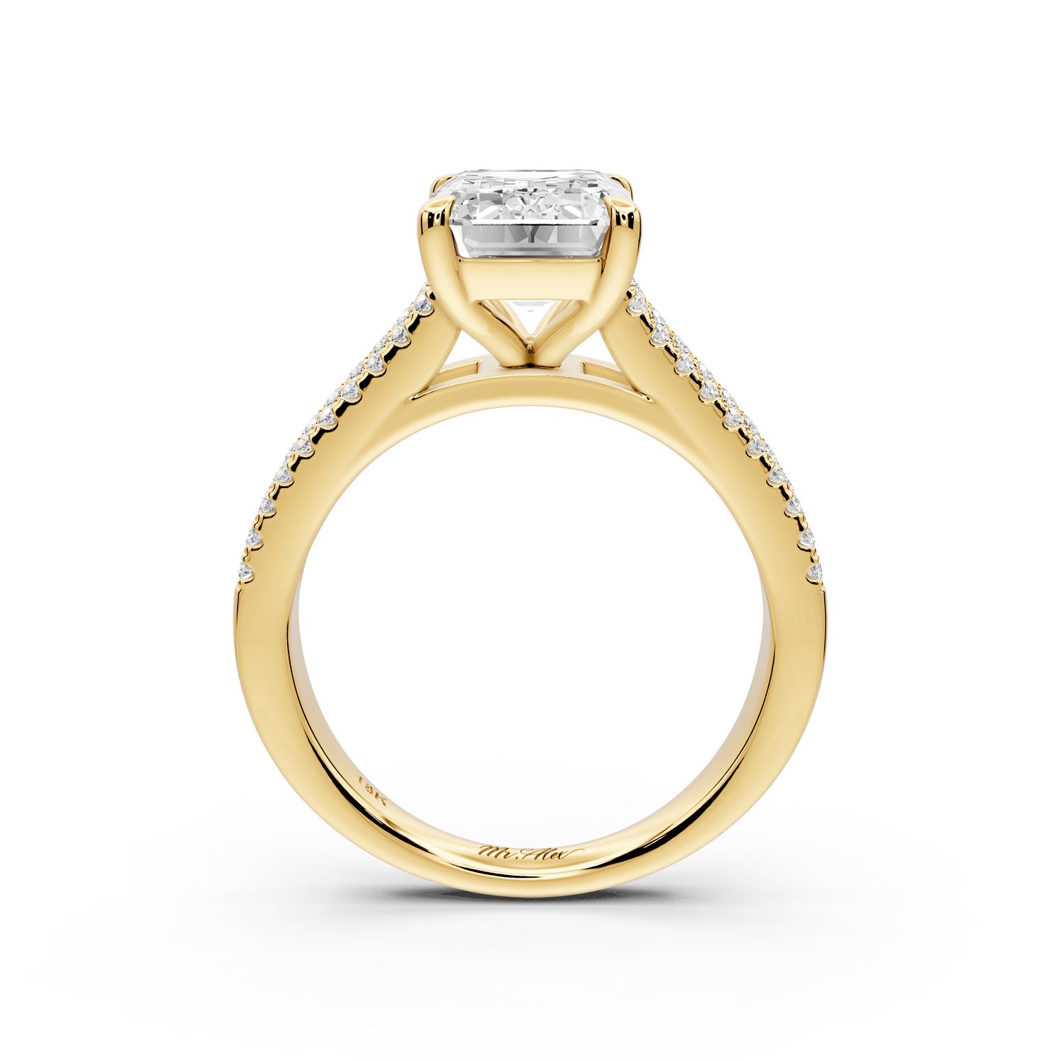 Estelle - 3ct 18k yellow gold emerald diamond with emerald and round cut accent stones half band cathedral engagamengt ring - Mr. Alex Jewelry