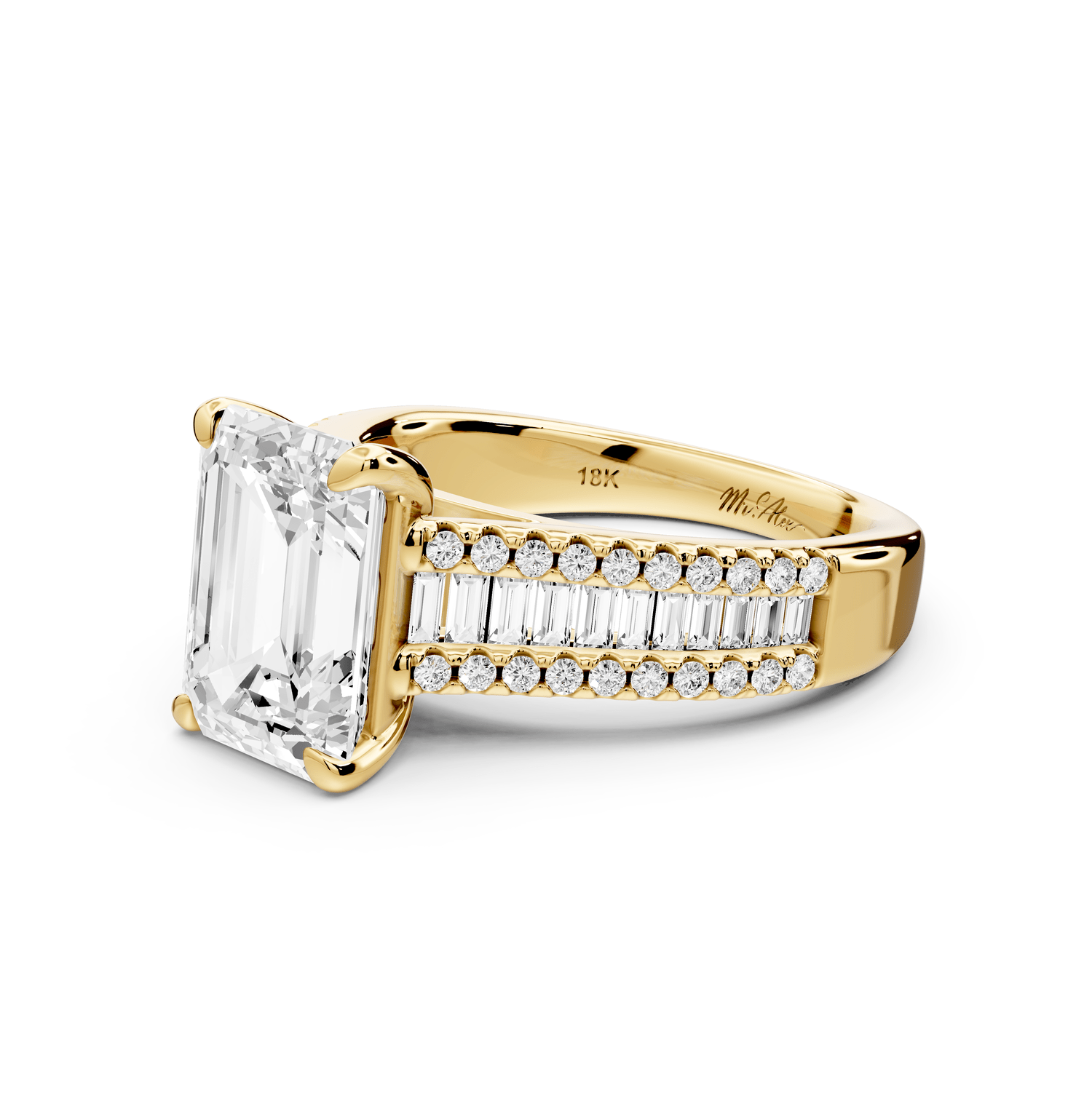 Estelle - 3ct 18k yellow gold emerald diamond with emerald and round cut accent stones half band cathedral engagamengt ring - Mr. Alex Jewelry