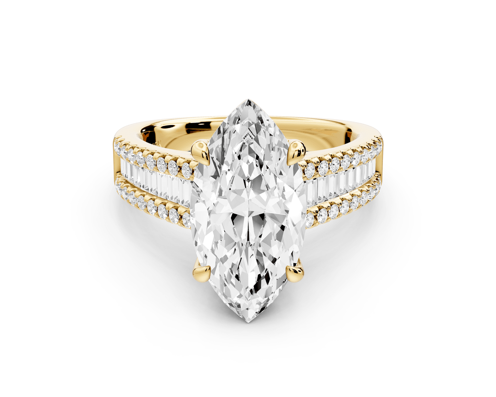 Estelle - 3ct 18k yellow gold marquise diamond with emerald and round cut accent stones half band cathedral engagement ring - Mr. Alex Jewelry