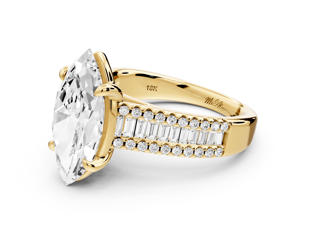 Estelle - 3ct 18k yellow gold marquise diamond with emerald and round cut accent stones half band cathedral engagement ring - Mr. Alex Jewelry