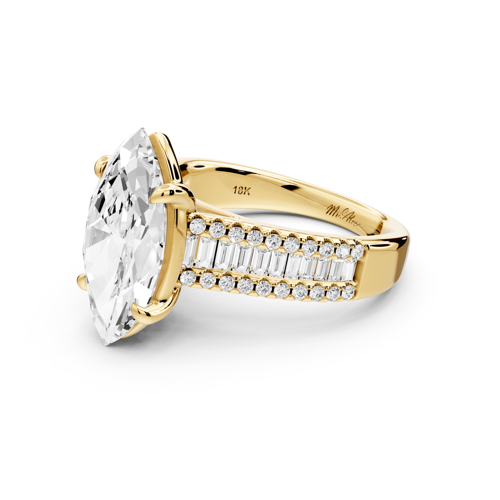 Estelle - 3ct 18k yellow gold marquise diamond with emerald and round cut accent stones half band cathedral engagement ring - Mr. Alex Jewelry
