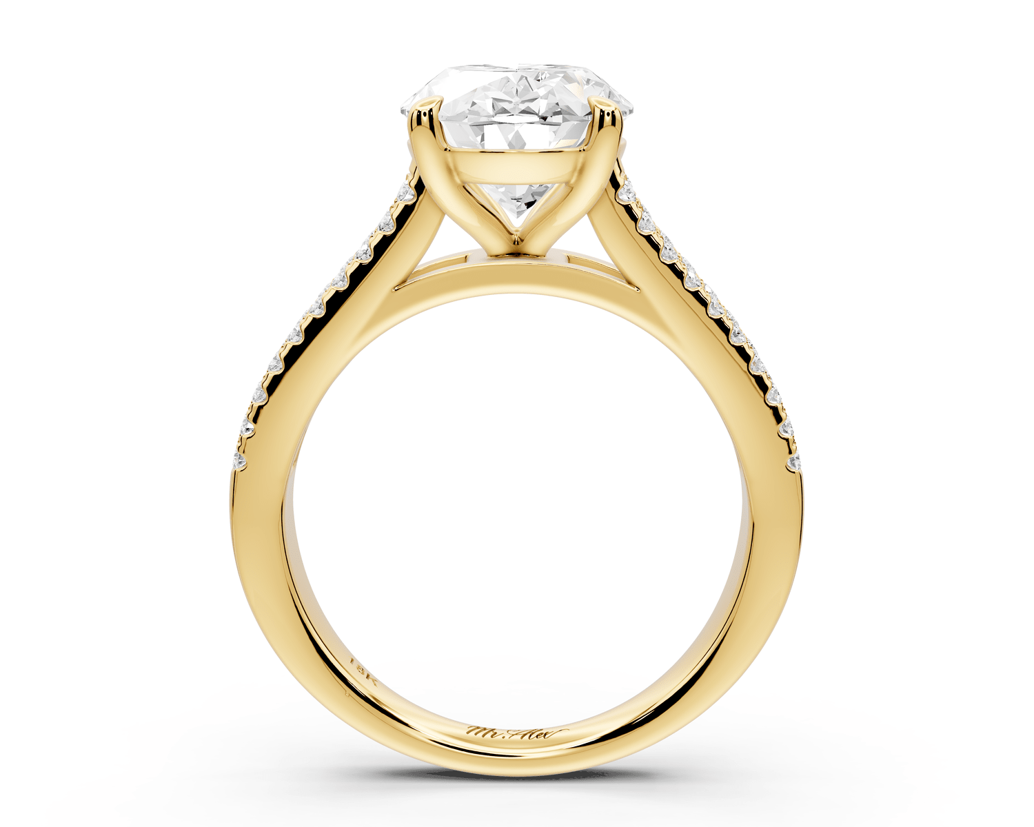 Estelle - 3ct 18k yellow gold oval diamond with emerald and round cut accent stones half band cathedral engagamengt ring - Mr. Alex Jewelry