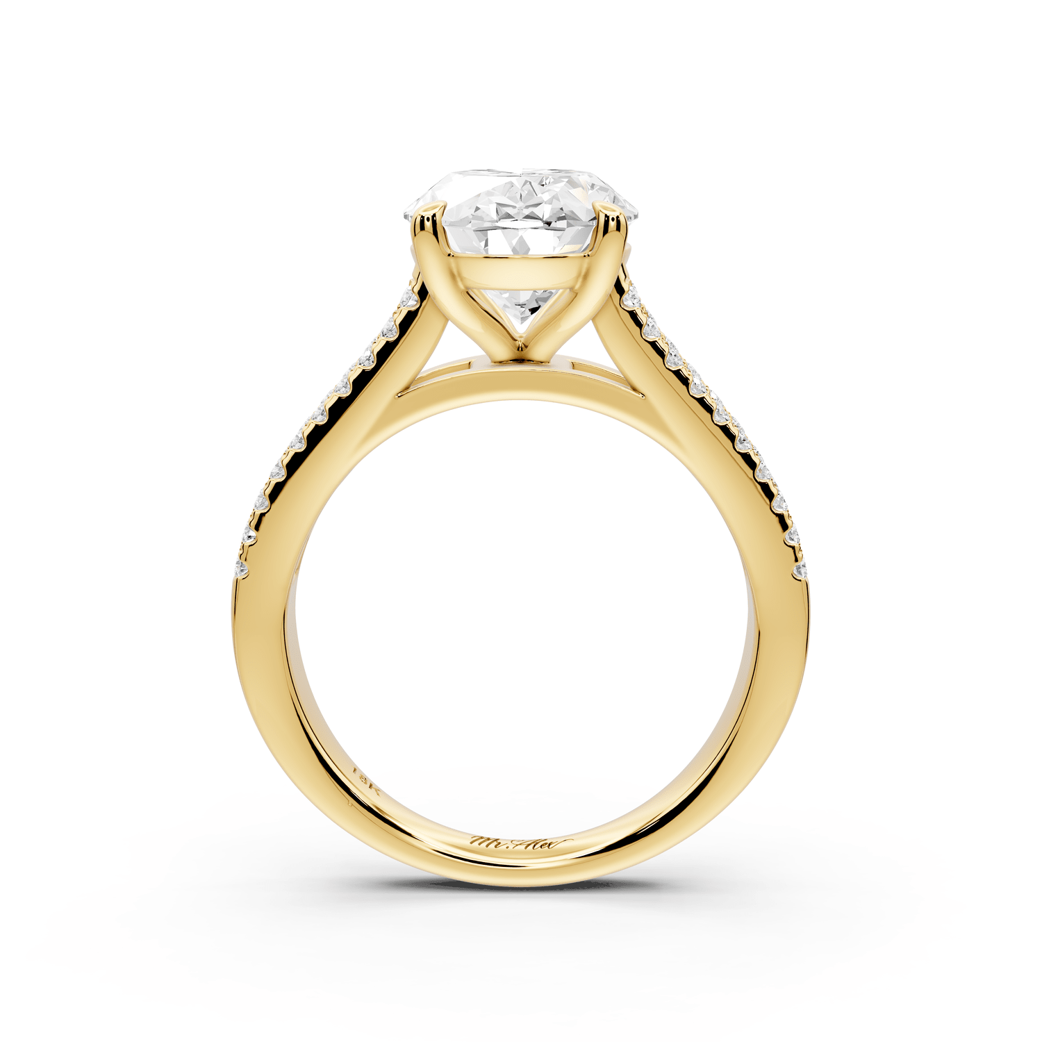 Estelle - 3ct 18k yellow gold oval diamond with emerald and round cut accent stones half band cathedral engagamengt ring - Mr. Alex Jewelry