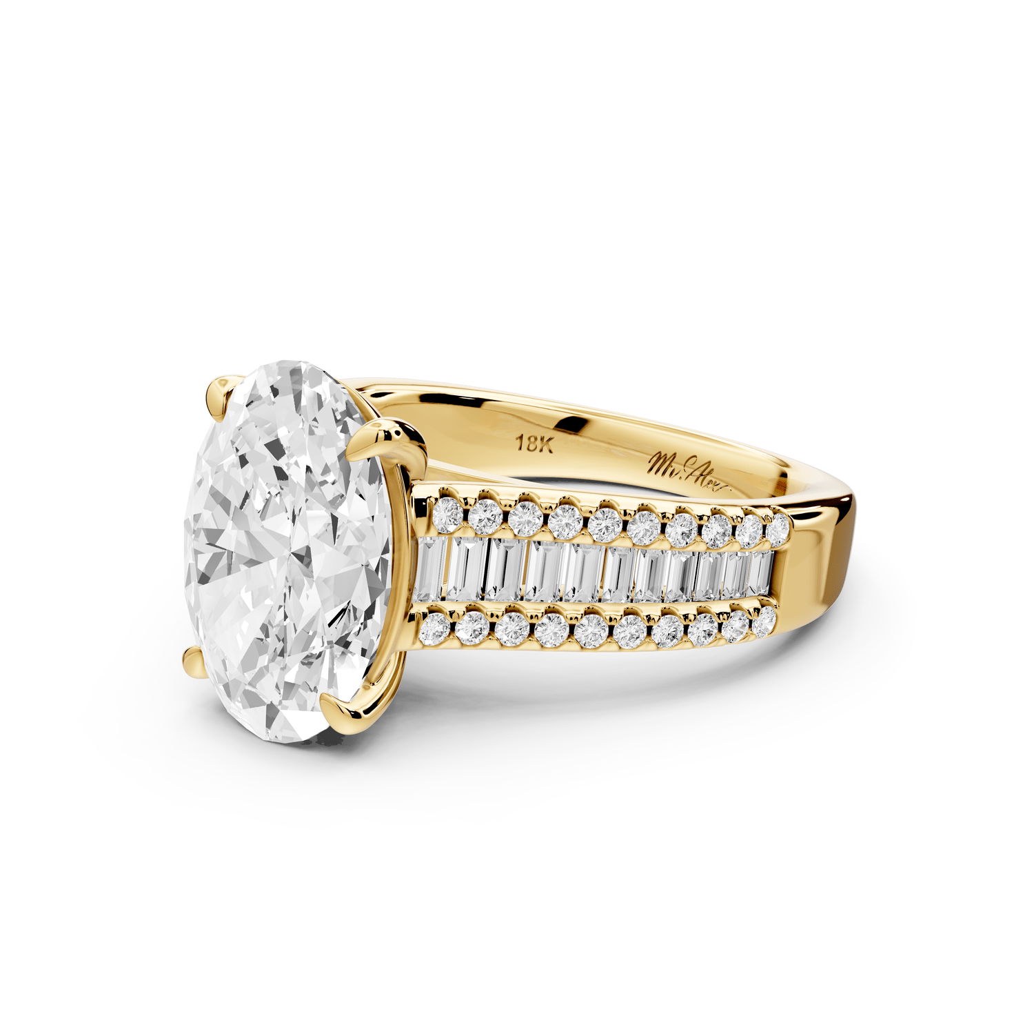 Estelle - 3ct 18k yellow gold oval diamond with emerald and round cut accent stones half band cathedral engagamengt ring - Mr. Alex Jewelry
