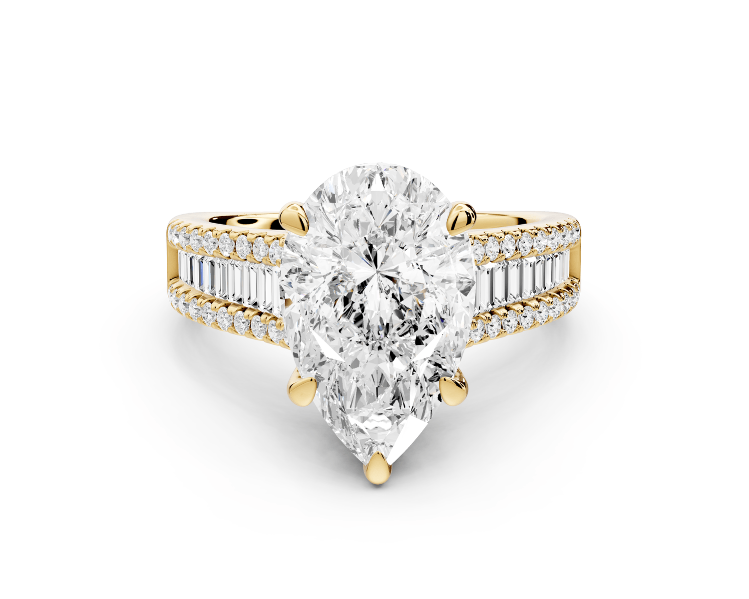 Estelle - 3ct 18k yellow gold pear diamond with emerald and round cut accent stones half band cathedral engagamengt ring - Mr. Alex Jewelry