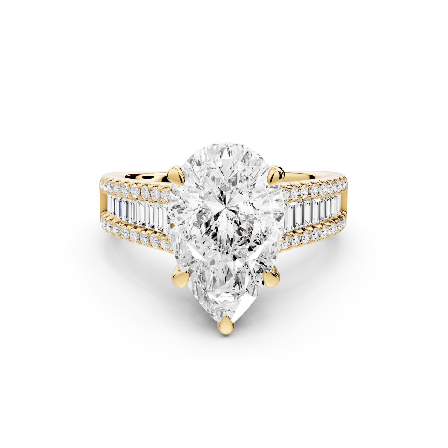 Estelle - 3ct 18k yellow gold pear diamond with emerald and round cut accent stones half band cathedral engagamengt ring - Mr. Alex Jewelry