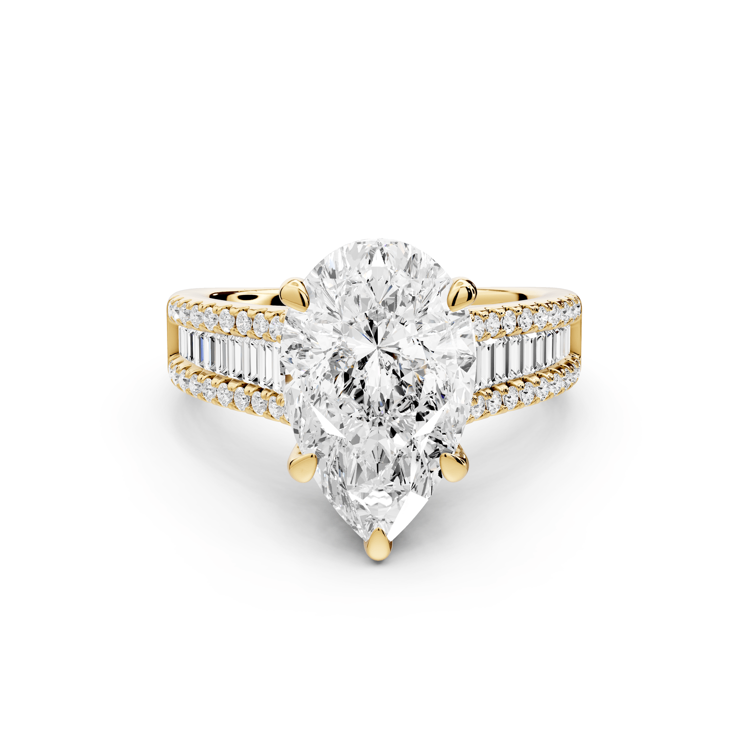 Estelle - 3ct 18k yellow gold pear diamond with emerald and round cut accent stones half band cathedral engagamengt ring - Mr. Alex Jewelry