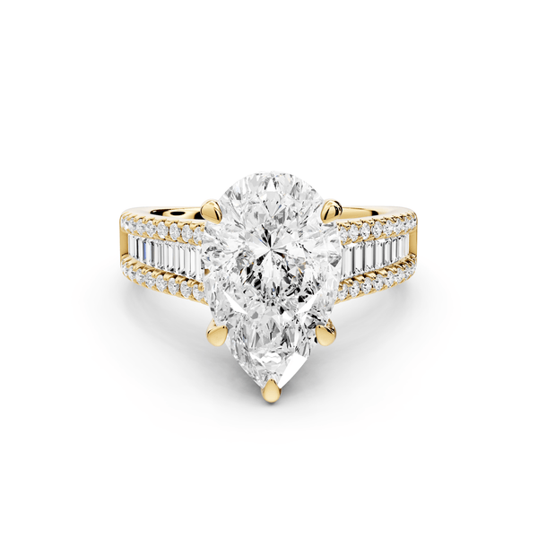 Estelle - 3ct 18k yellow gold pear diamond with emerald and round cut accent stones half band cathedral engagamengt ring - Mr. Alex Jewelry