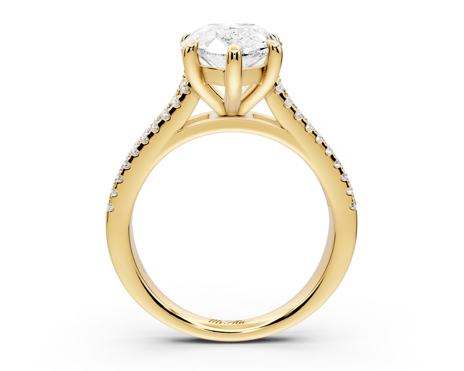 Estelle - 3ct 18k yellow gold pear diamond with emerald and round cut accent stones half band cathedral engagamengt ring - Mr. Alex Jewelry