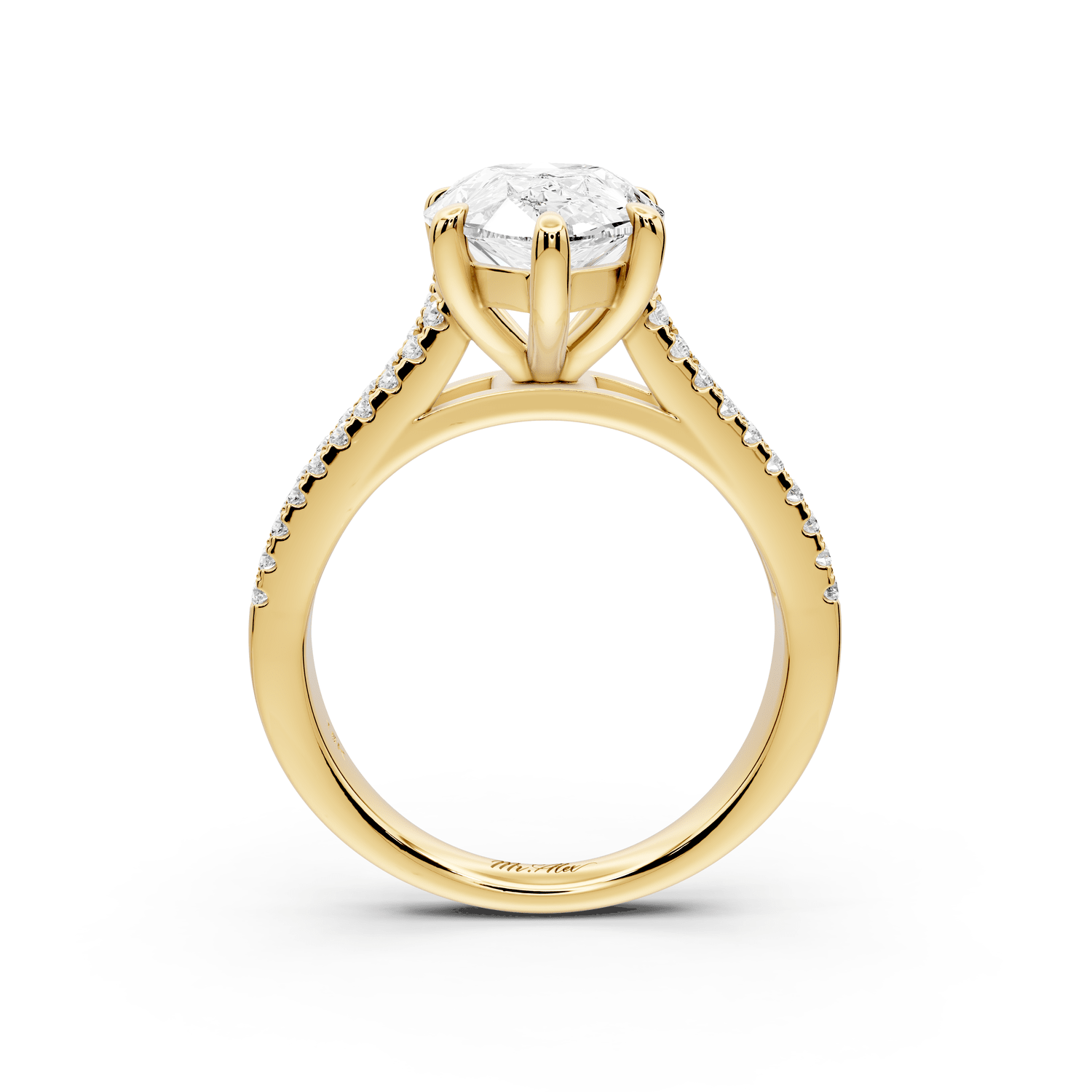 Estelle - 3ct 18k yellow gold pear diamond with emerald and round cut accent stones half band cathedral engagamengt ring - Mr. Alex Jewelry