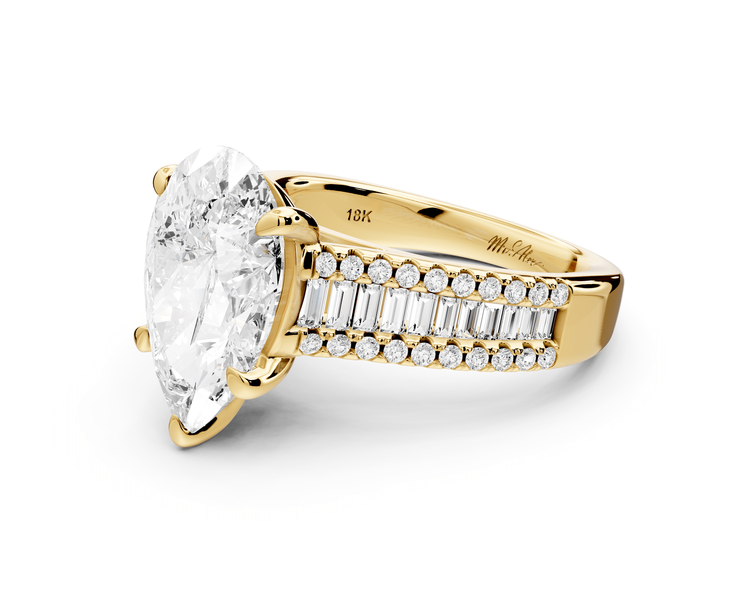 Estelle - 3ct 18k yellow gold pear diamond with emerald and round cut accent stones half band cathedral engagamengt ring - Mr. Alex Jewelry