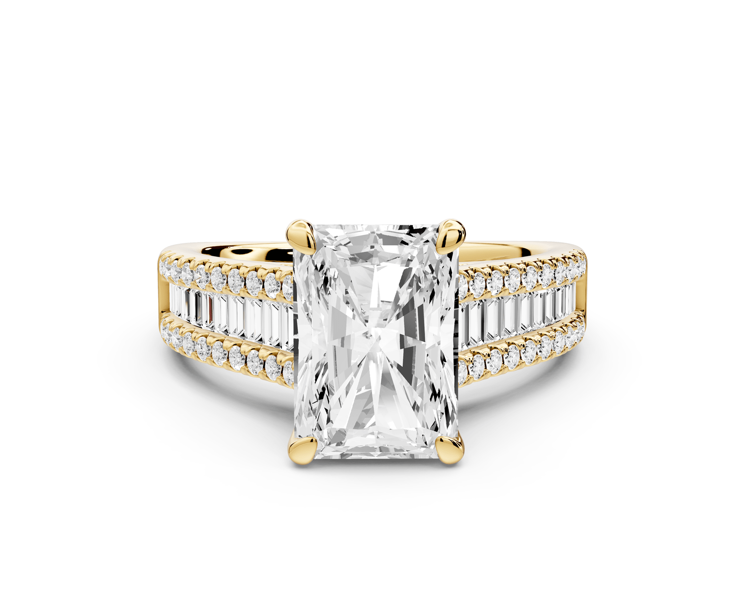 Estelle - 3ct 18k yellow gold radiant diamond with emerald and round cut accent stones half band cathedral engagement ring - Mr. Alex Jewelry