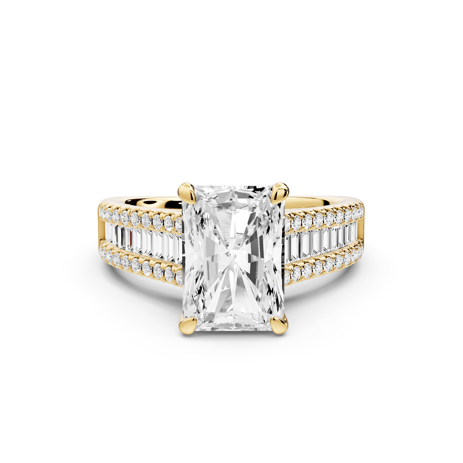 Estelle - 3ct 18k yellow gold radiant diamond with emerald and round cut accent stones half band cathedral engagement ring - Mr. Alex Jewelry