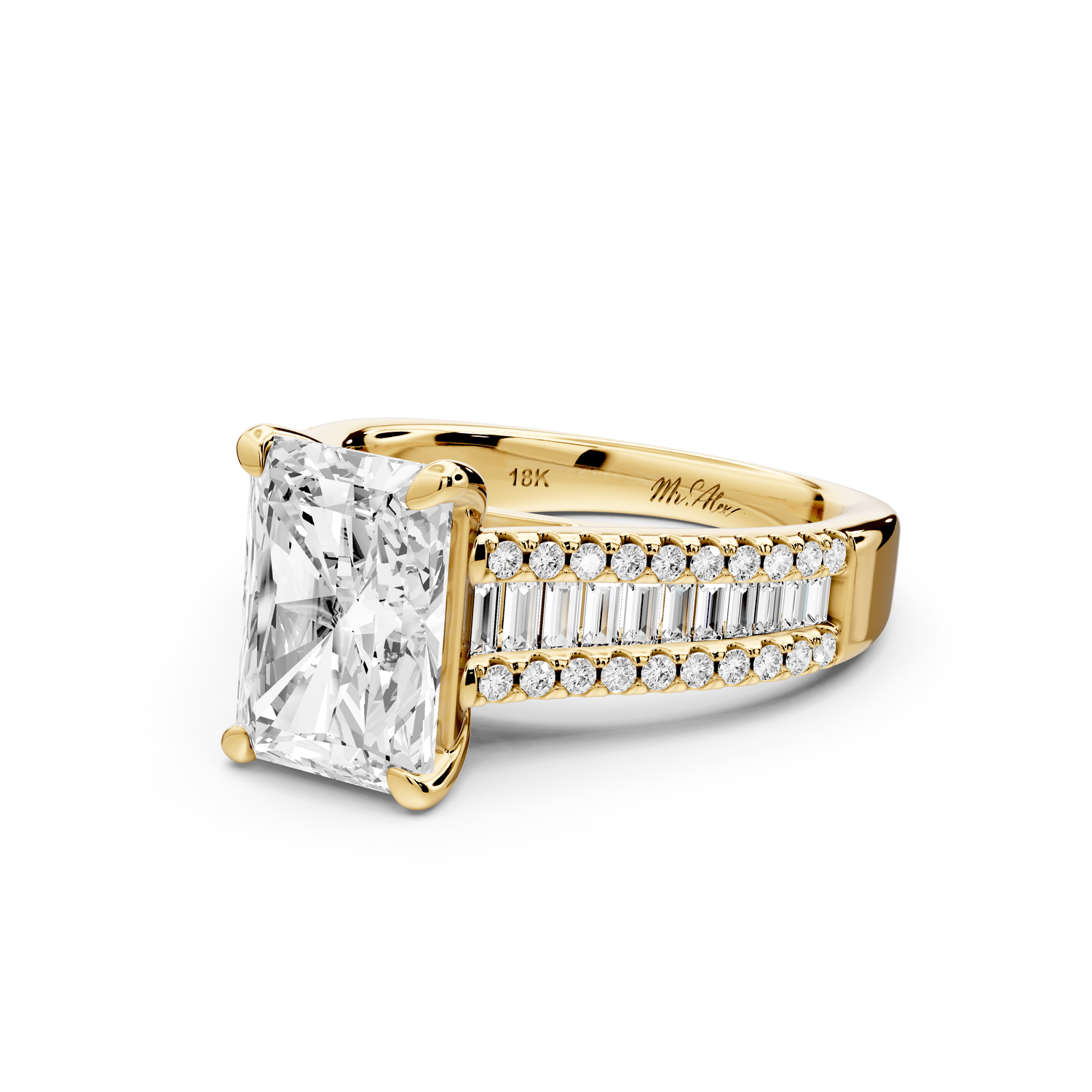 Estelle - 3ct 18k yellow gold radiant diamond with emerald and round cut accent stones half band cathedral engagement ring - Mr. Alex Jewelry