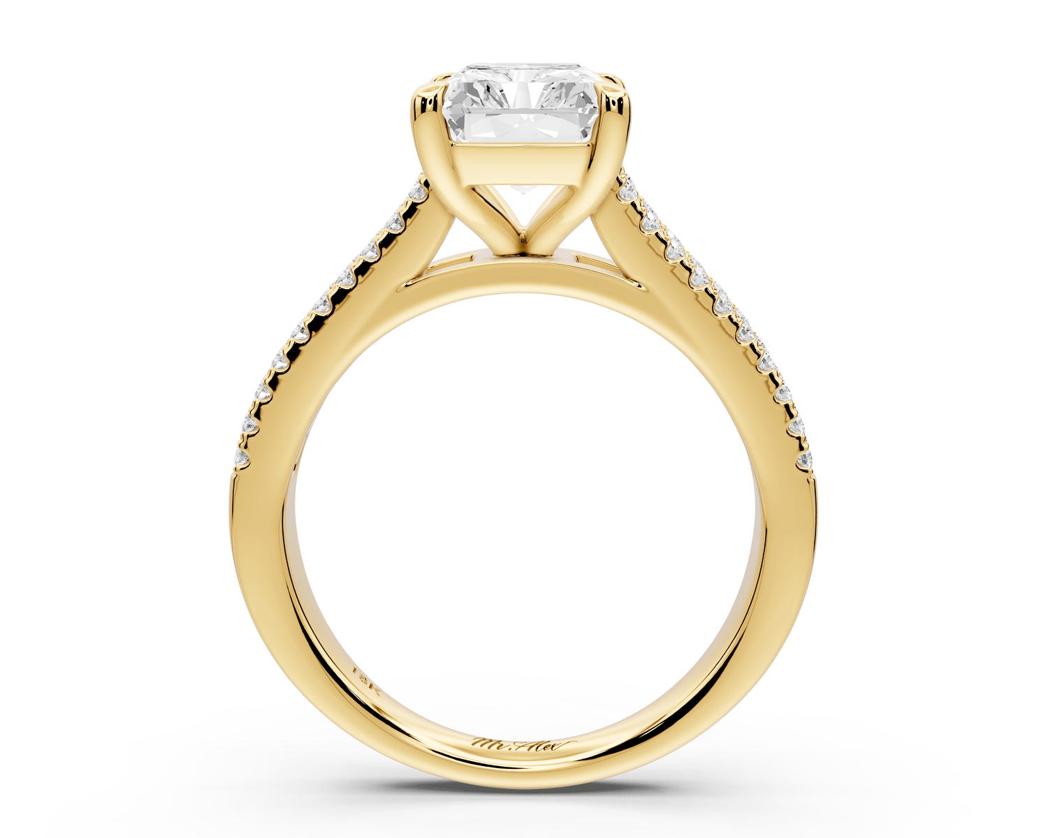 Estelle - 3ct 18k yellow gold radiant diamond with emerald and round cut accent stones half band cathedral engagement ring - Mr. Alex Jewelry