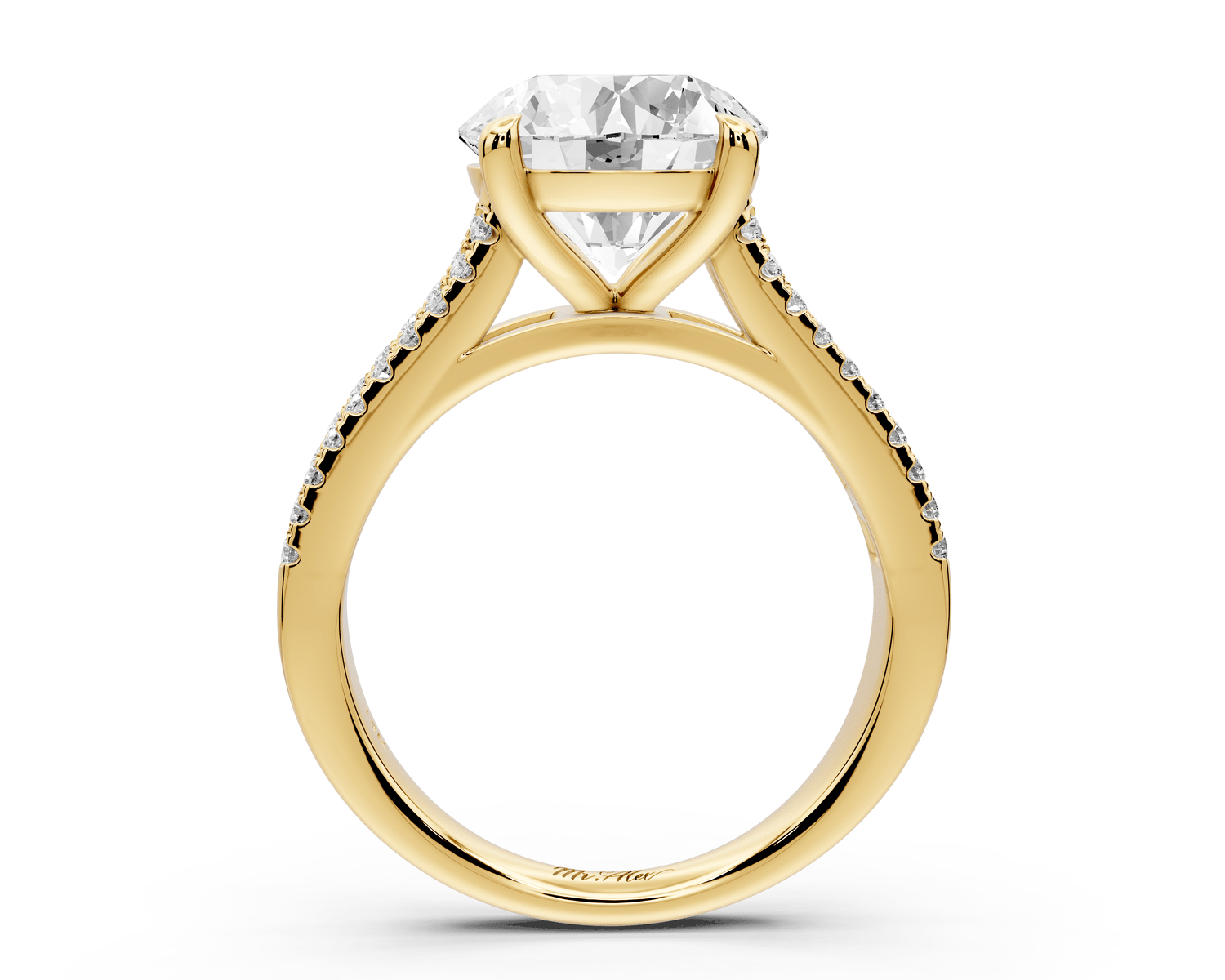 Estelle - 3ct 18k yellow gold round diamond with emerald and round cut accent stones half band cathedral engagamengt ring - Mr. Alex Jewelry