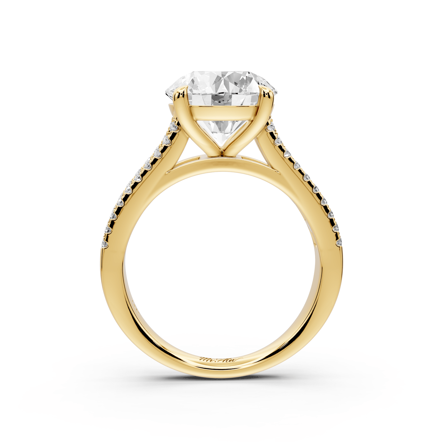 Estelle - 3ct 18k yellow gold round diamond with emerald and round cut accent stones half band cathedral engagamengt ring - Mr. Alex Jewelry