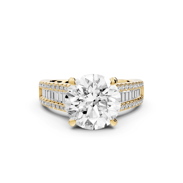 Estelle - 3ct 18k yellow gold round diamond with emerald and round cut accent stones half band cathedral engagamengt ring - Mr. Alex Jewelry