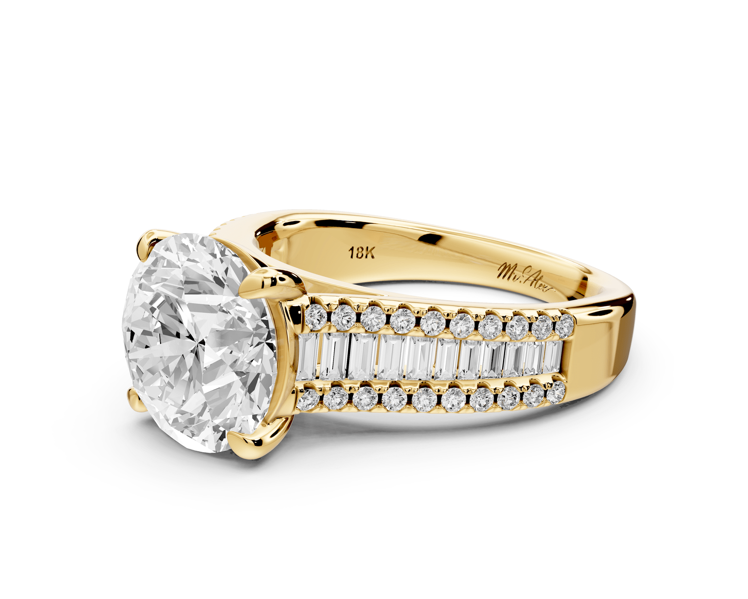 Estelle - 3ct 18k yellow gold round diamond with emerald and round cut accent stones half band cathedral engagamengt ring - Mr. Alex Jewelry