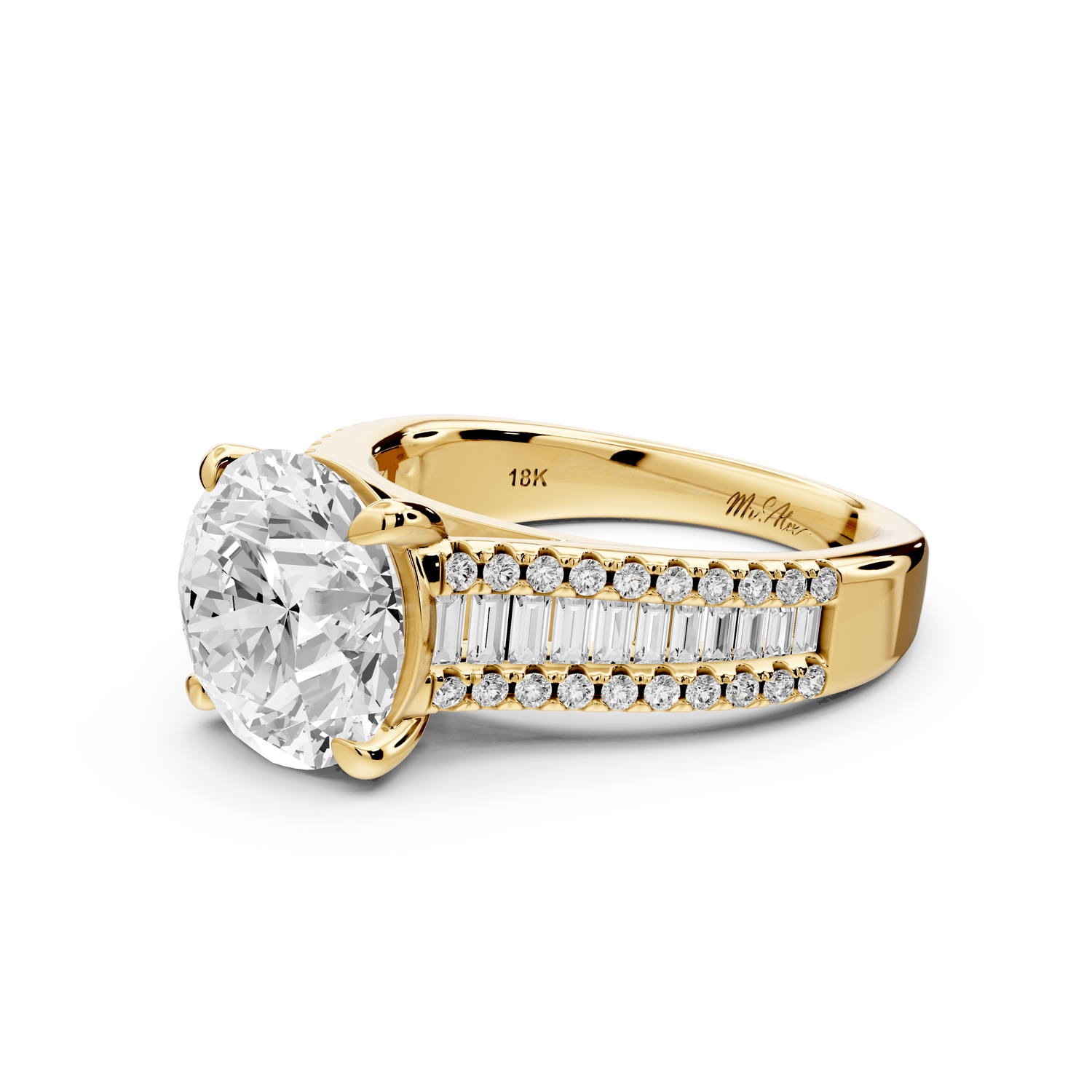 Estelle - 3ct 18k yellow gold round diamond with emerald and round cut accent stones half band cathedral engagamengt ring - Mr. Alex Jewelry