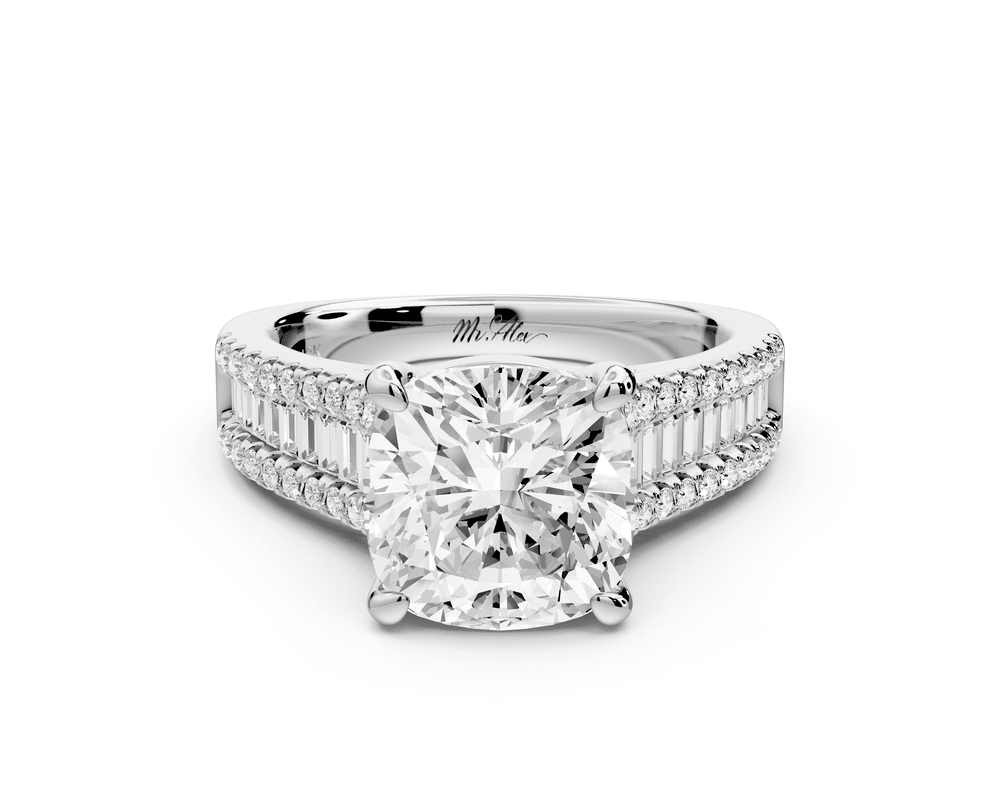Estelle - 3ct platinum cushion diamond with emerald and round cut accent stones half band cathedral engagement ring - Mr. Alex Jewelry