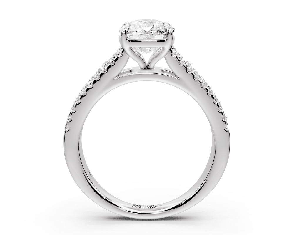 Estelle - 3ct platinum ecushion diamond with emerald and round cut accent stones half band cathedral engagement ring - Mr. Alex Jewelry