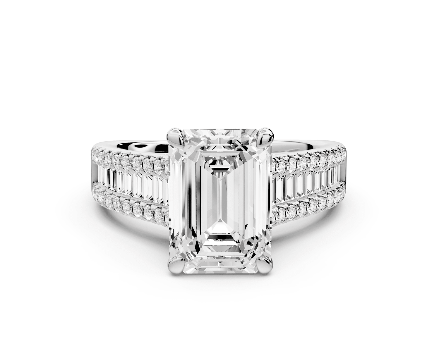 Estelle - 3ct platinum emerald diamond with emerald and round cut accent stones half band cathedral engagamengt ring - Mr. Alex Jewelry