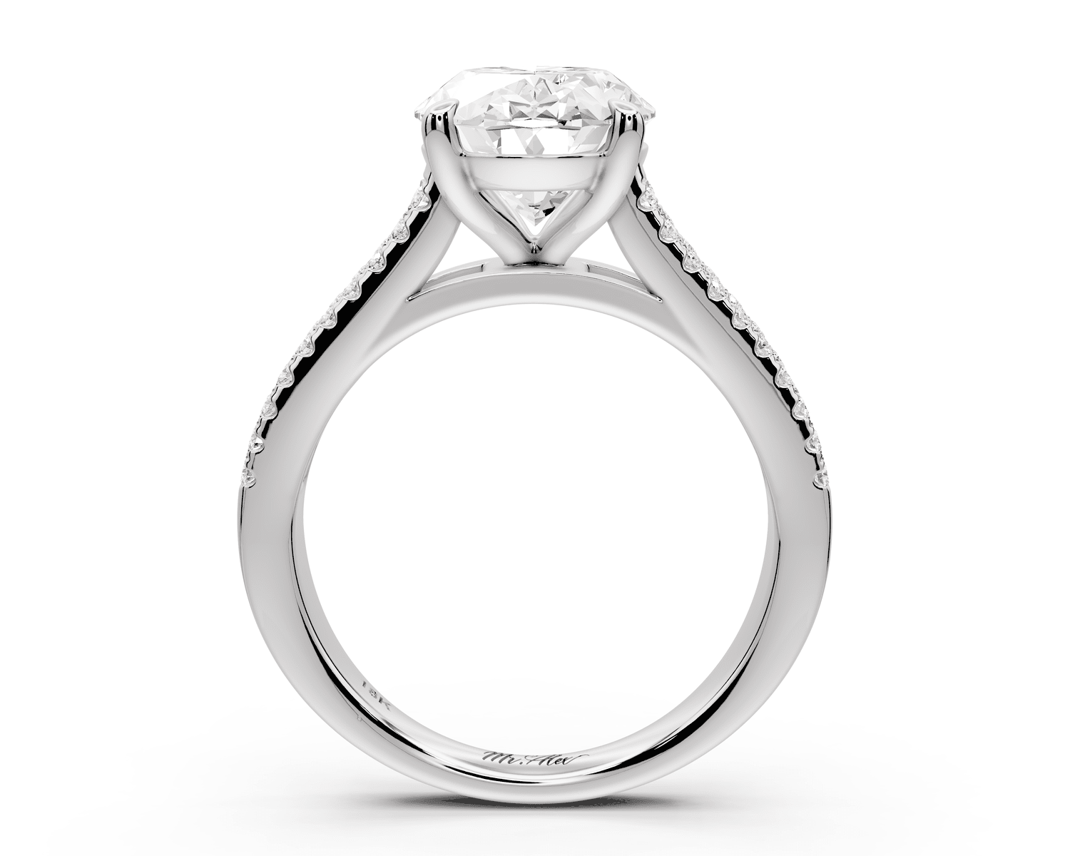 Estelle - 3ct platinum oval diamond with emerald and round cut accent stones half band cathedral engagamengt ring - Mr. Alex Jewelry