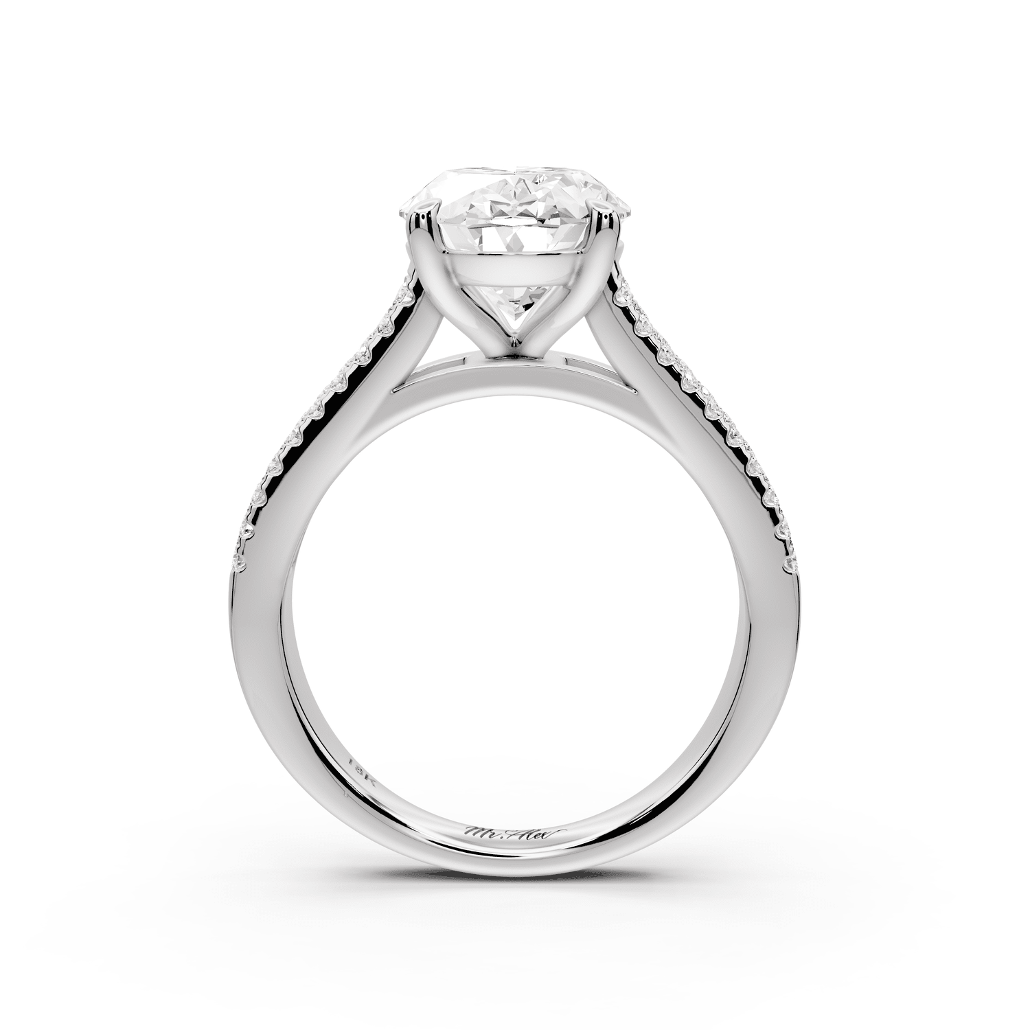 Estelle - 3ct platinum oval diamond with emerald and round cut accent stones half band cathedral engagamengt ring - Mr. Alex Jewelry