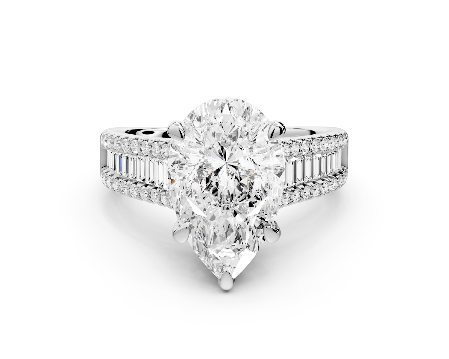 Estelle - 3ct platinum pear diamond with emerald and round cut accent stones half band cathedral engagamengt ring - Mr. Alex Jewelry