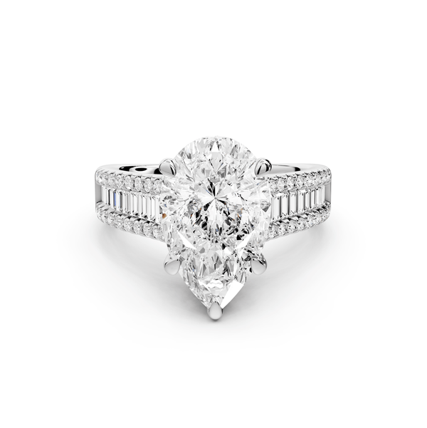 Estelle - 3ct platinum pear diamond with emerald and round cut accent stones half band cathedral engagamengt ring - Mr. Alex Jewelry