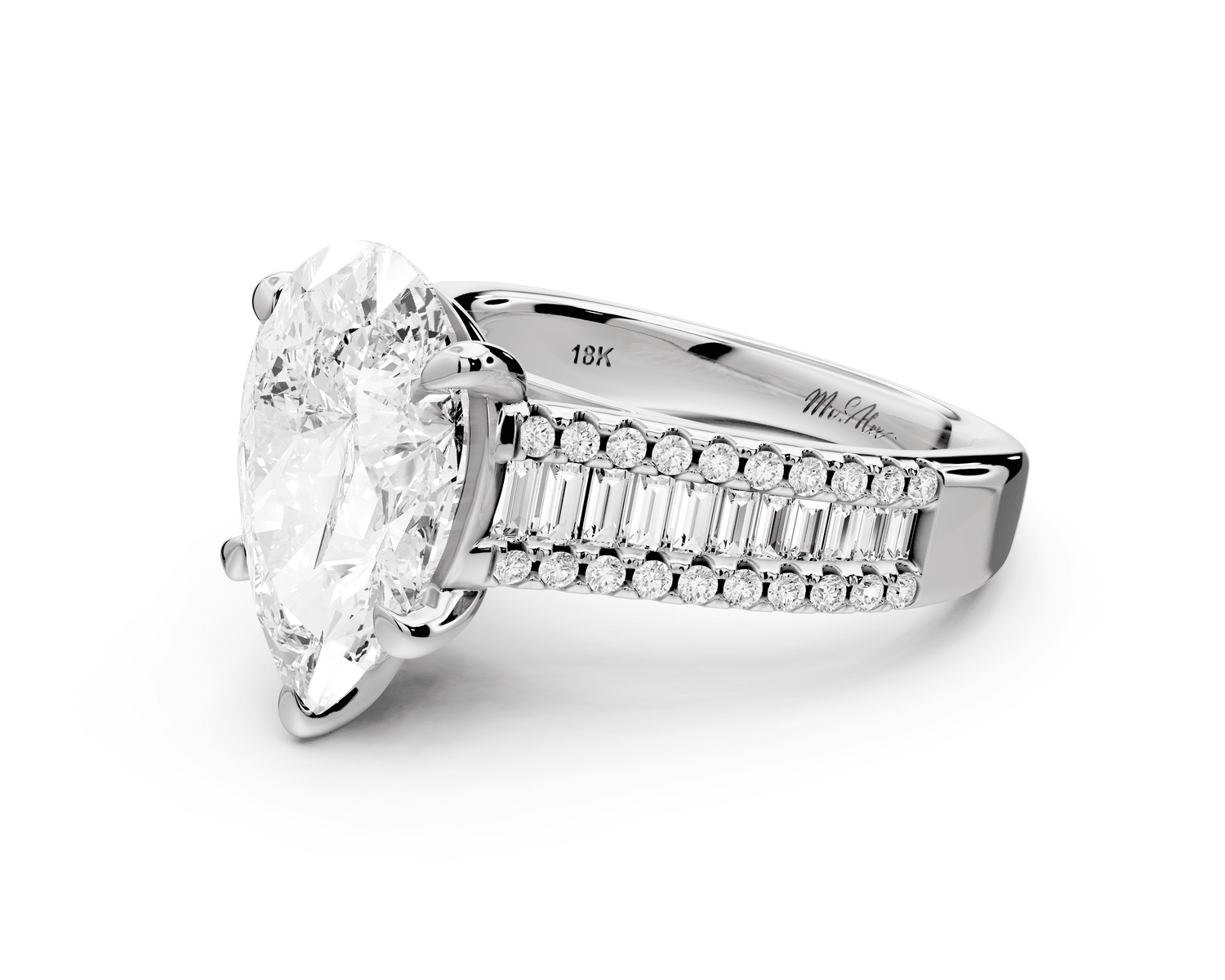 Estelle - 3ct platinum pear diamond with emerald and round cut accent stones half band cathedral engagamengt ring - Mr. Alex Jewelry