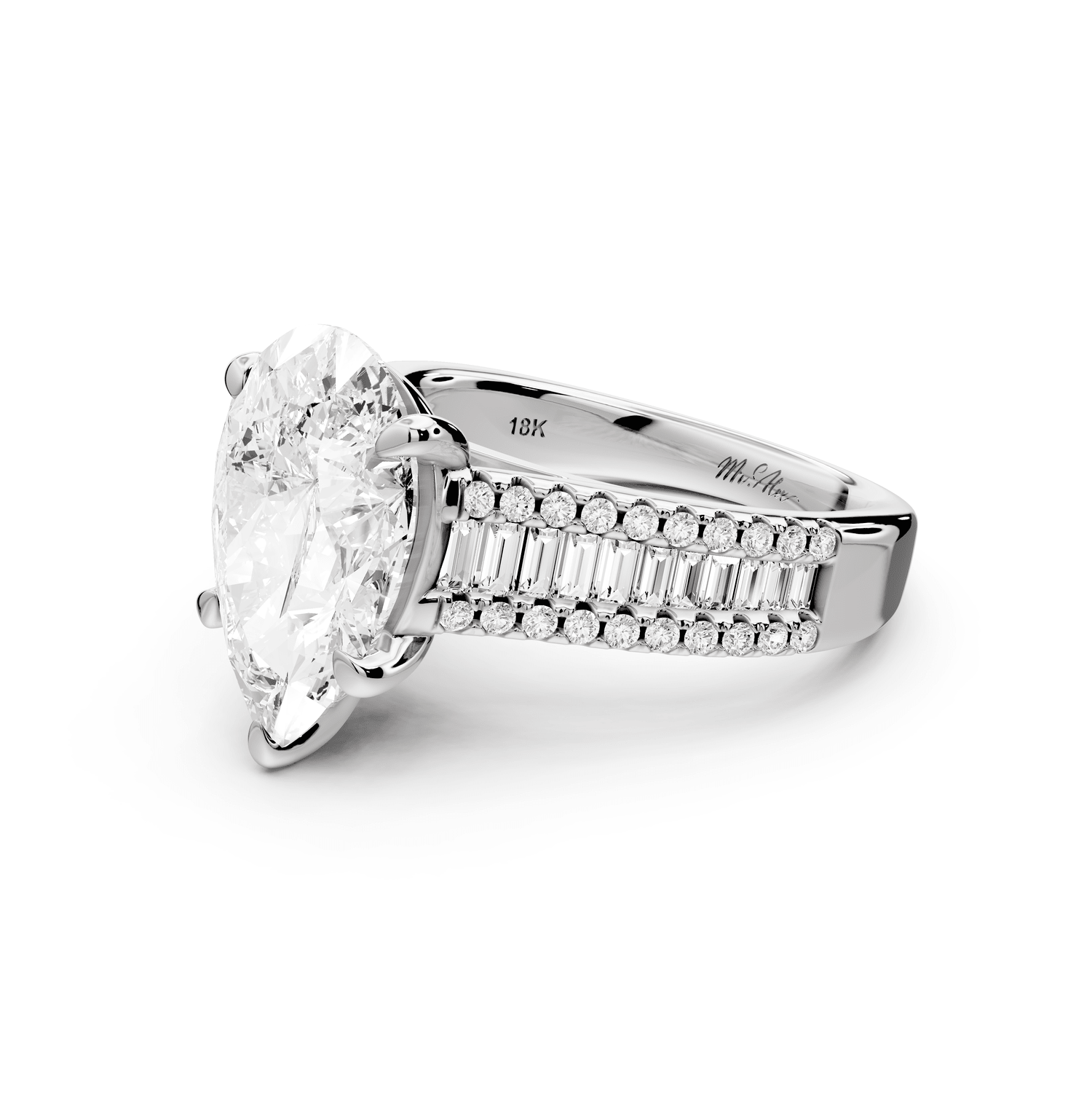 Estelle - 3ct platinum pear diamond with emerald and round cut accent stones half band cathedral engagamengt ring - Mr. Alex Jewelry