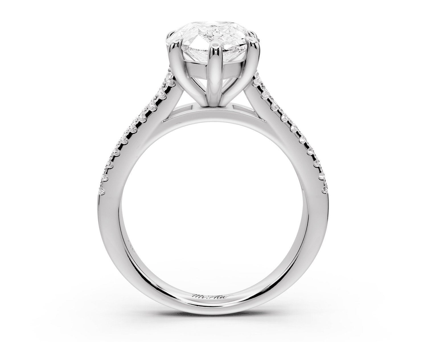 Estelle - 3ct platinum pear diamond with emerald and round cut accent stones half band cathedral engagamengt ring - Mr. Alex Jewelry