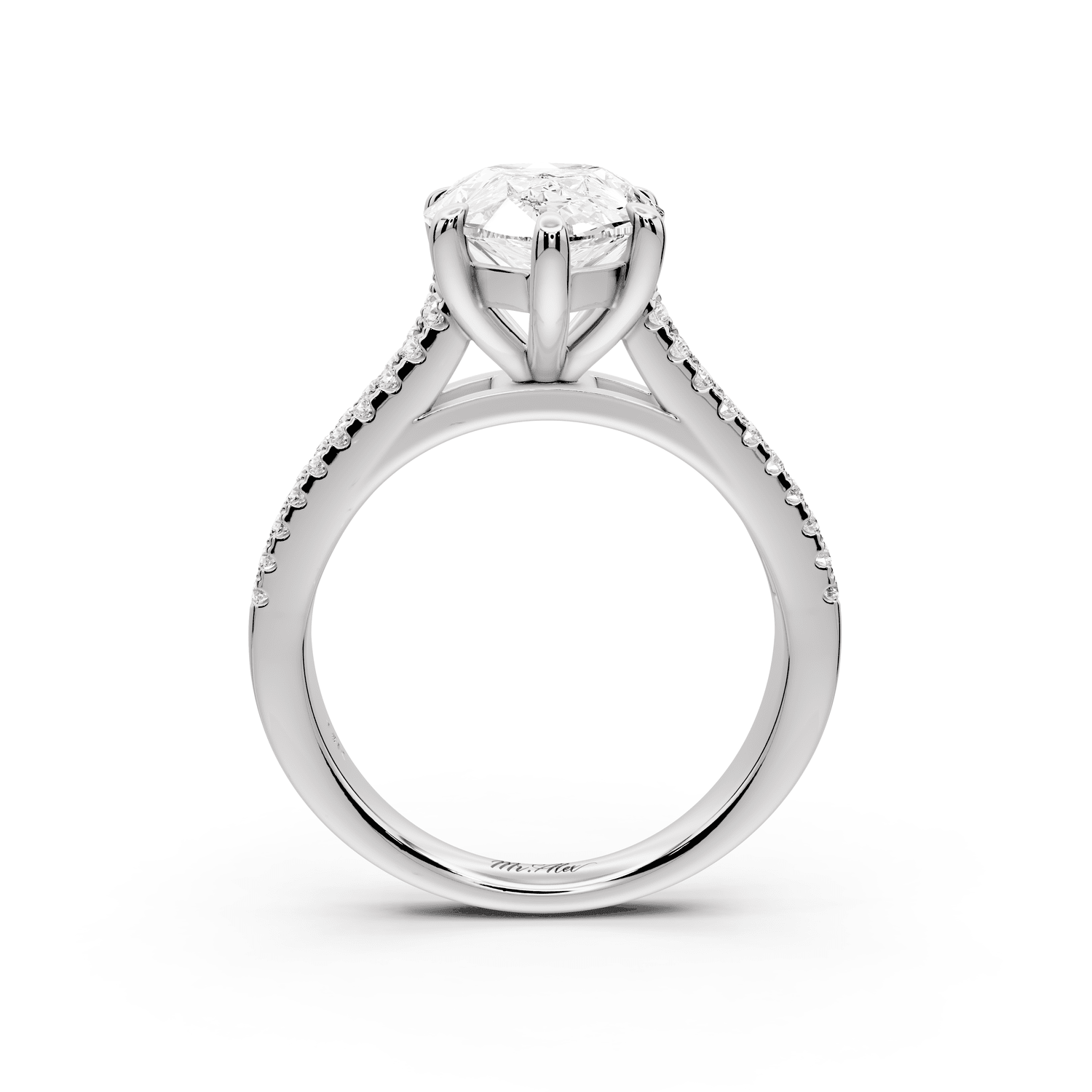 Estelle - 3ct platinum pear diamond with emerald and round cut accent stones half band cathedral engagamengt ring - Mr. Alex Jewelry