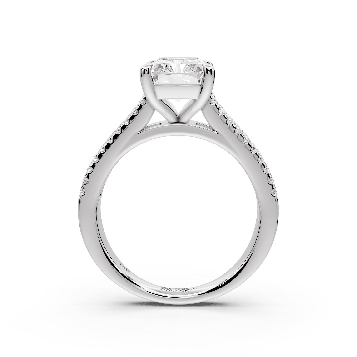 Estelle - 3ct platinum radiant diamond with emerald and round cut accent stones half band cathedral engagement ring - Mr. Alex Jewelry