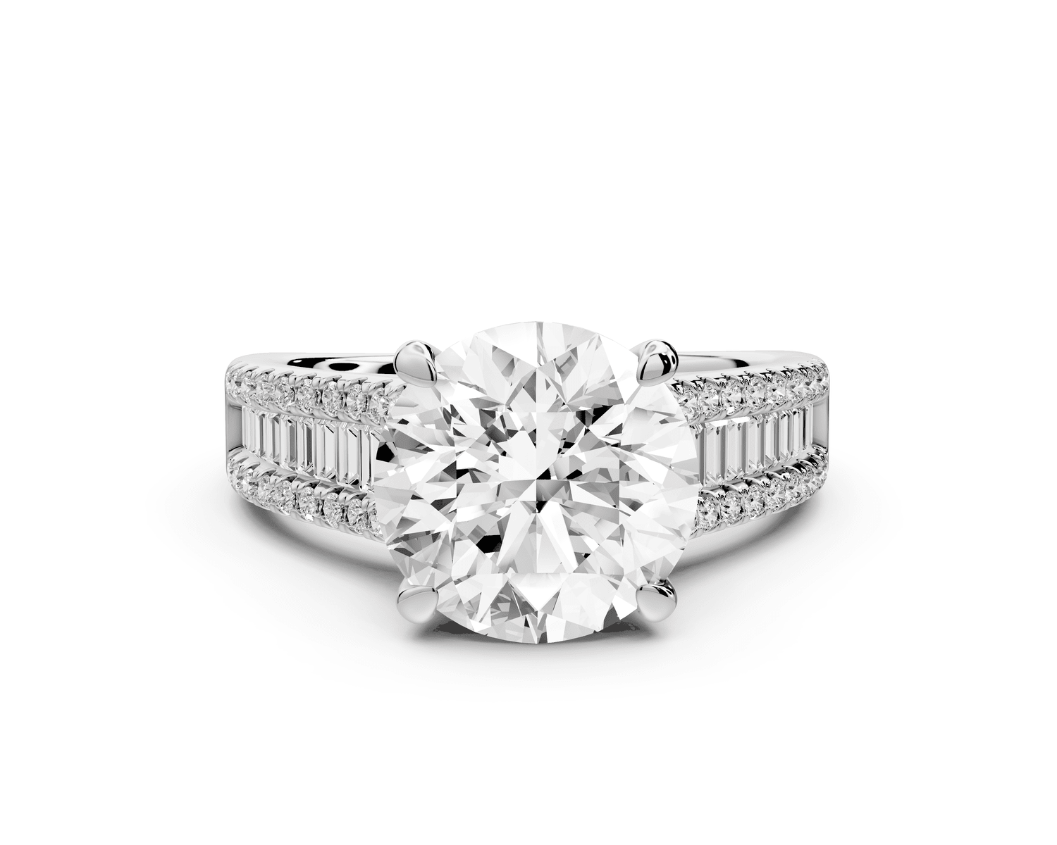 Estelle - 3ct platinum round diamond with emerald and round cut accent stones half band cathedral engagamengt ring - Mr. Alex Jewelry