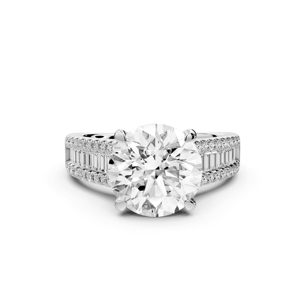 Estelle - 3ct platinum round diamond with emerald and round cut accent stones half band cathedral engagamengt ring - Mr. Alex Jewelry