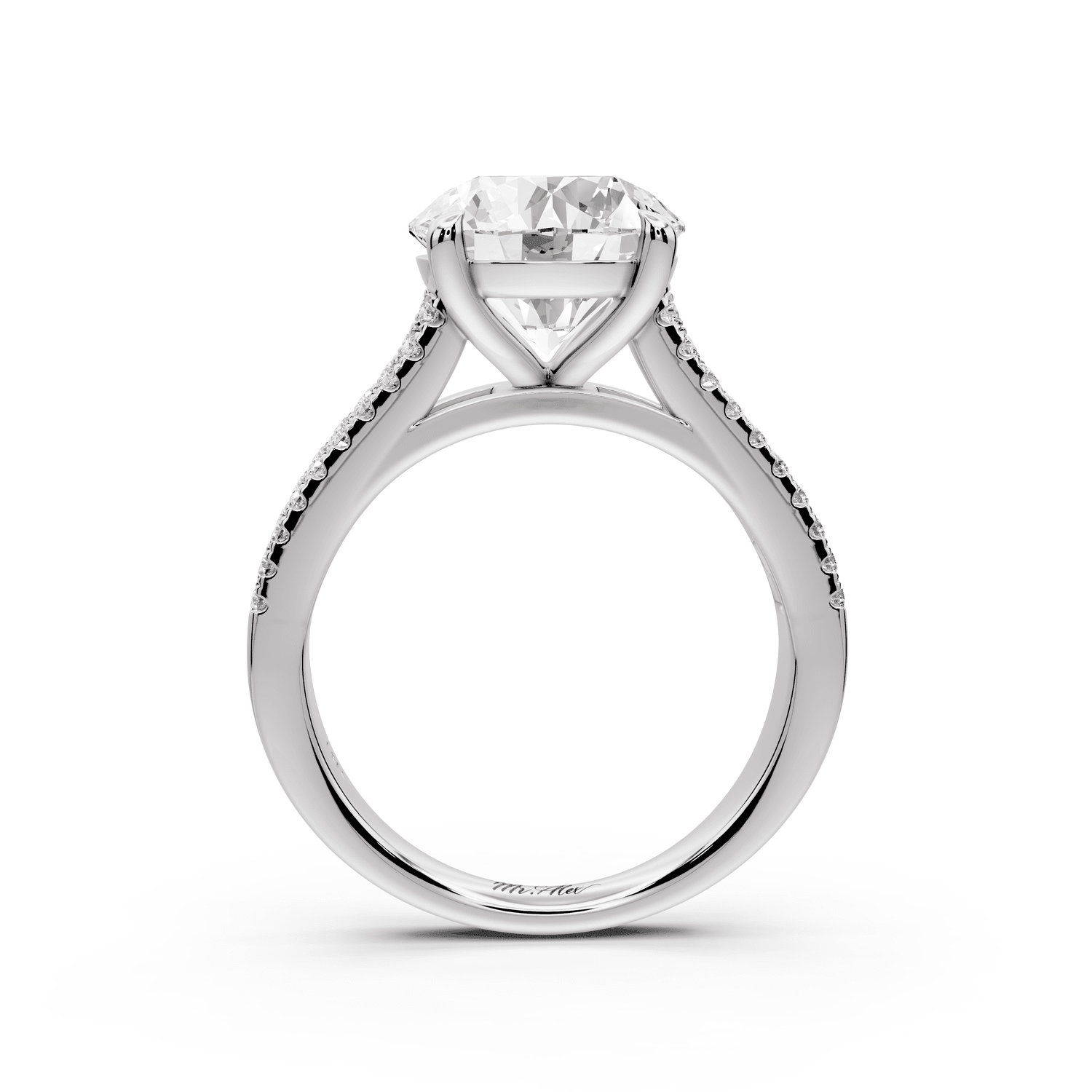 Estelle - 3ct platinum round diamond with emerald and round cut accent stones half band cathedral engagamengt ring - Mr. Alex Jewelry