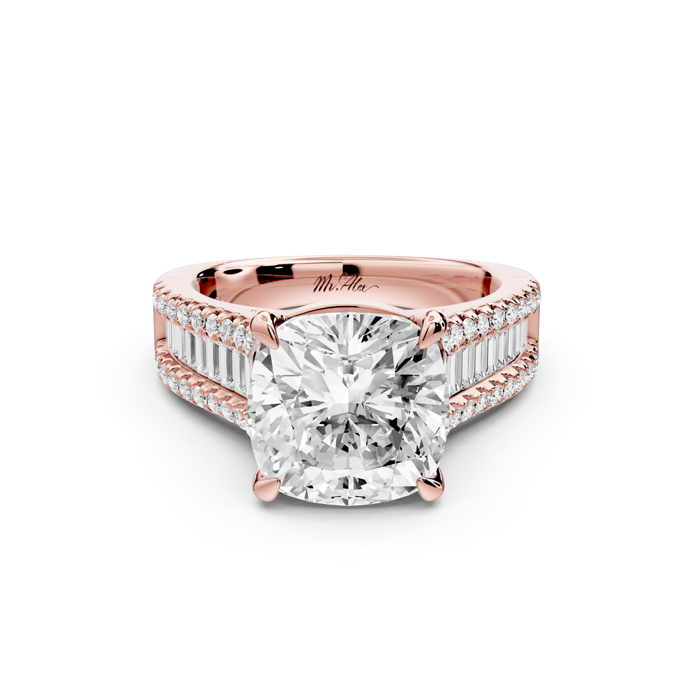Estelle - 4ct 14k rose gold cushion diamond with emerald and round cut accent stones half band cathedral engagement ring - Mr. Alex Jewelry