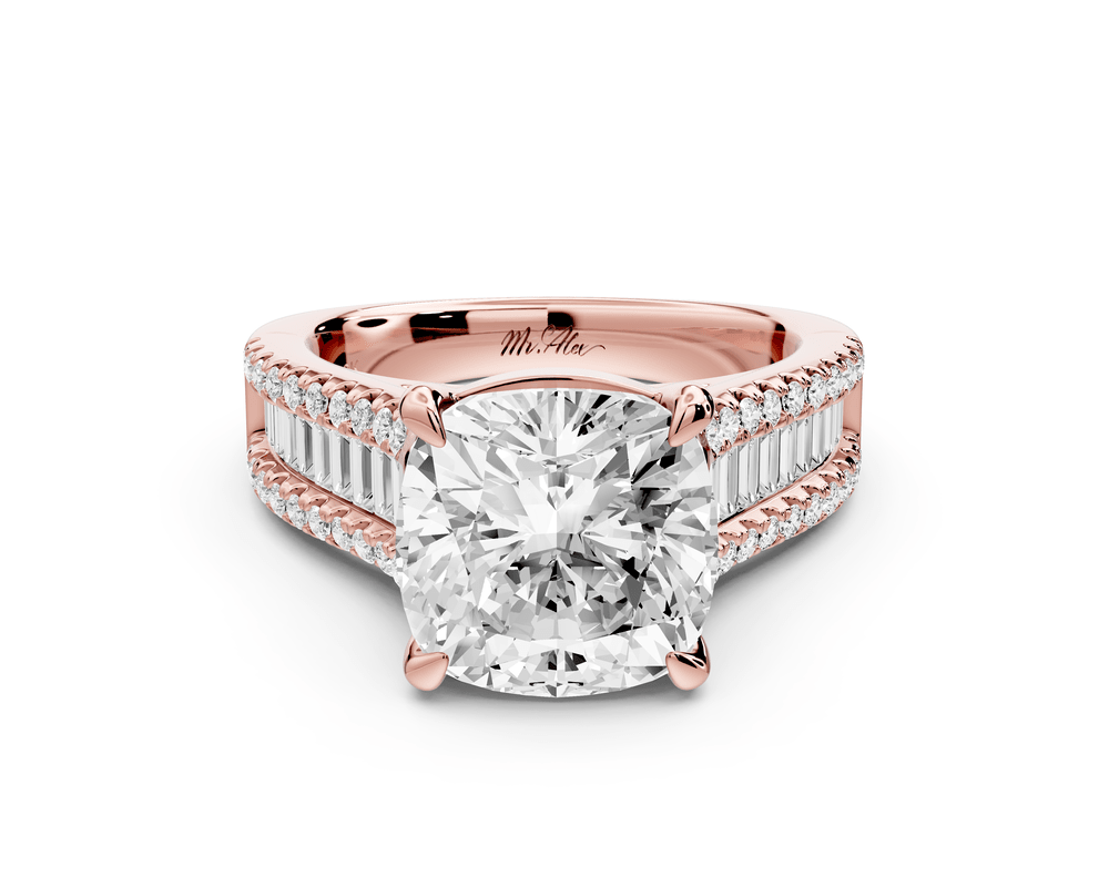 Estelle - 4ct 14k rose gold cushion diamond with emerald and round cut accent stones half band cathedral engagement ring - Mr. Alex Jewelry