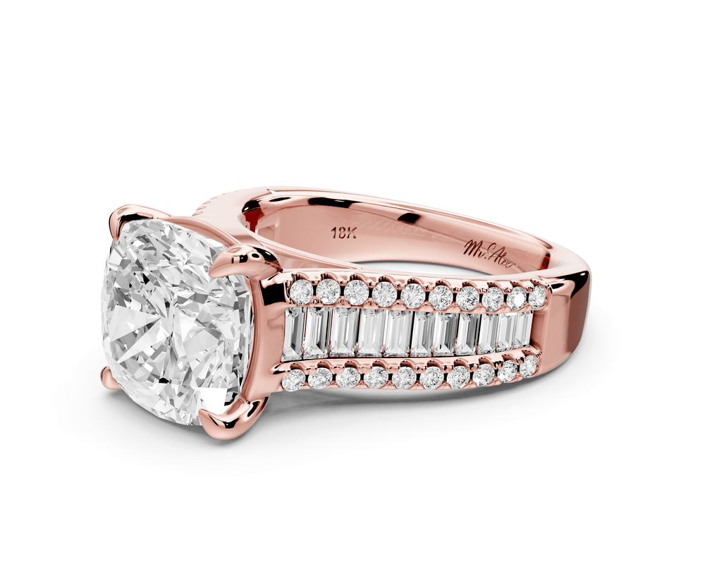 Estelle - 4ct 14k rose gold cushion diamond with emerald and round cut accent stones half band cathedral engagement ring - Mr. Alex Jewelry