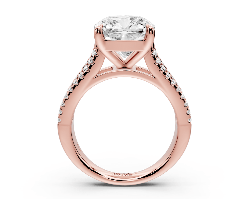 Estelle - 4ct 14k rose gold cushion diamond with emerald and round cut accent stones half band cathedral engagement ring - Mr. Alex Jewelry