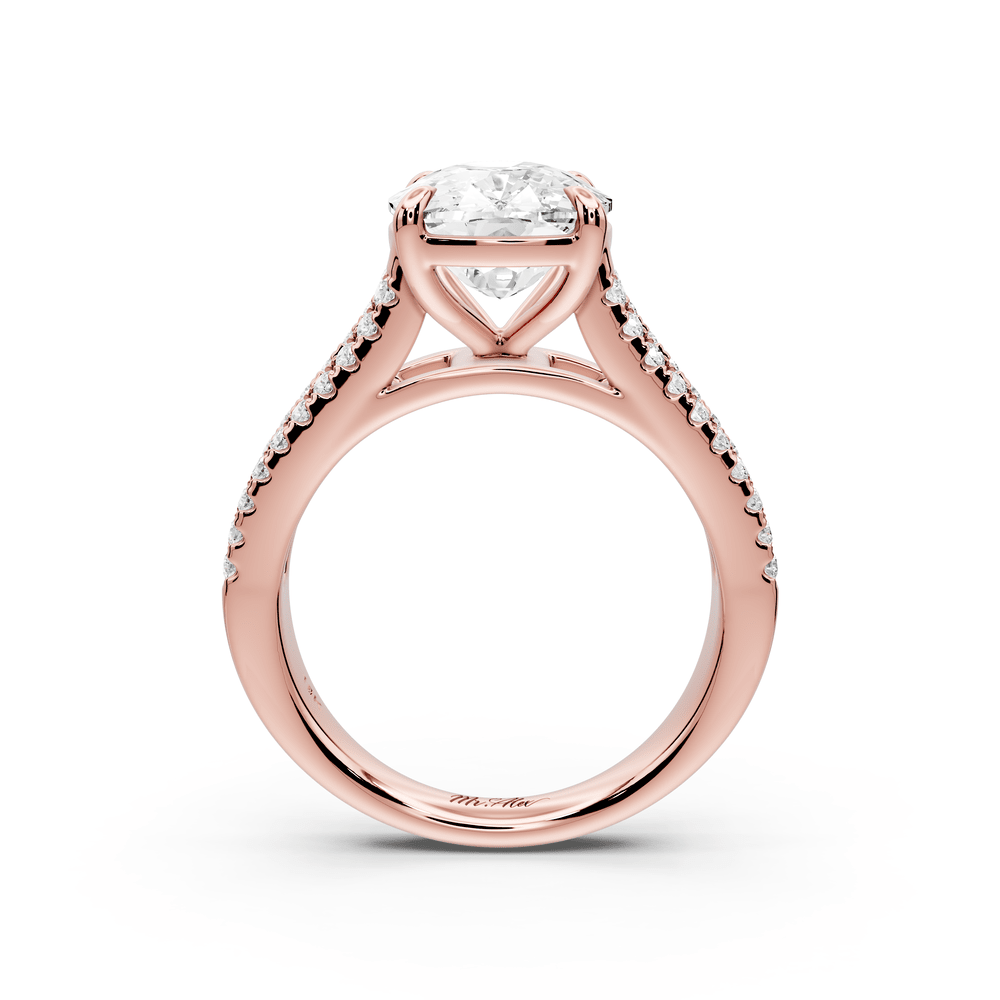 Estelle - 4ct 14k rose gold ecushion diamond with emerald and round cut accent stones half band cathedral engagement ring - Mr. Alex Jewelry