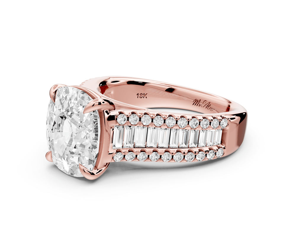 Estelle - 4ct 14k rose gold ecushion diamond with emerald and round cut accent stones half band cathedral engagement ring - Mr. Alex Jewelry