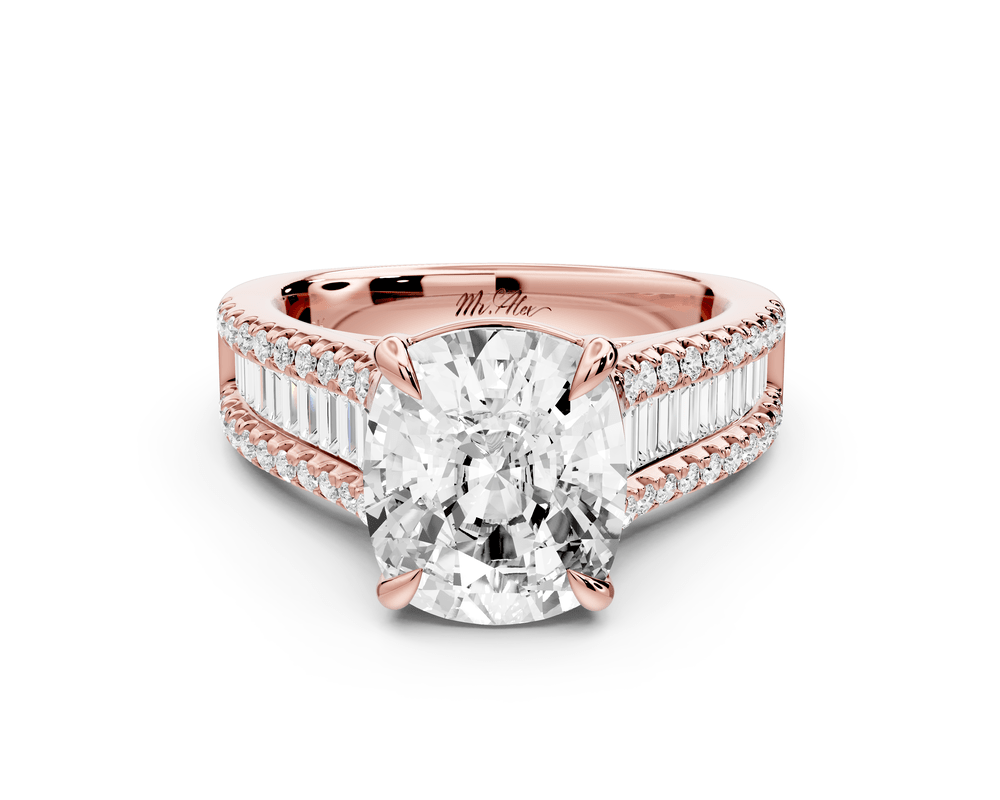 Estelle - 4ct 14k rose gold ecushion diamond with emerald and round cut accent stones half band cathedral engagement ring - Mr. Alex Jewelry