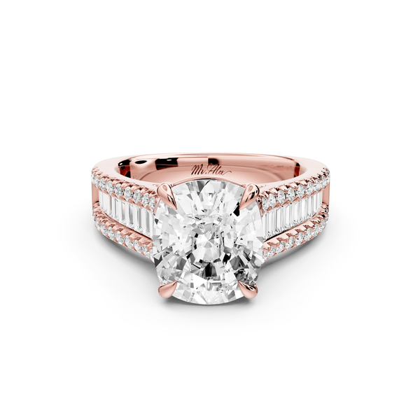 Estelle - 4ct 14k rose gold ecushion diamond with emerald and round cut accent stones half band cathedral engagement ring - Mr. Alex Jewelry