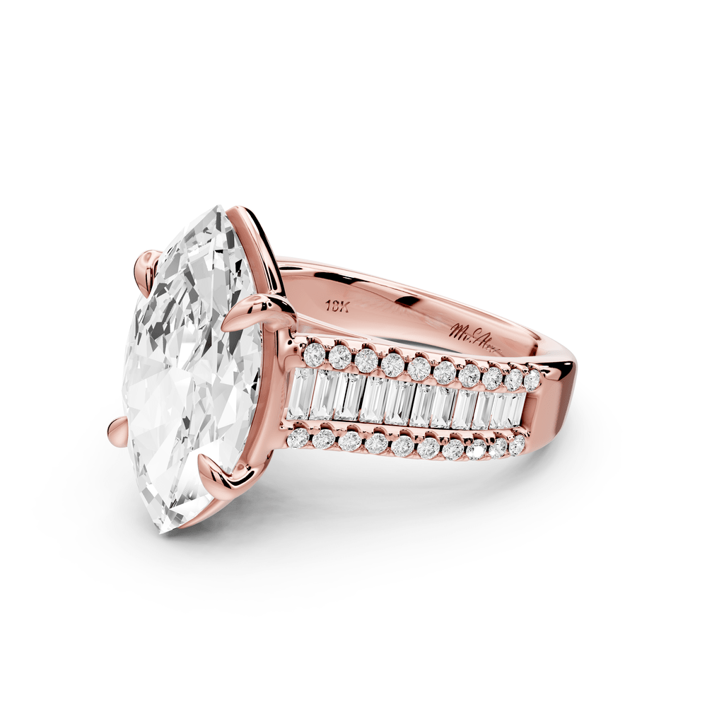 Estelle - 4ct 14k rose gold marquise diamond with emerald and round cut accent stones half band cathedral engagement ring - Mr. Alex Jewelry