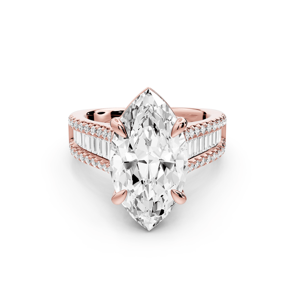 Estelle - 4ct 14k rose gold marquise diamond with emerald and round cut accent stones half band cathedral engagement ring - Mr. Alex Jewelry