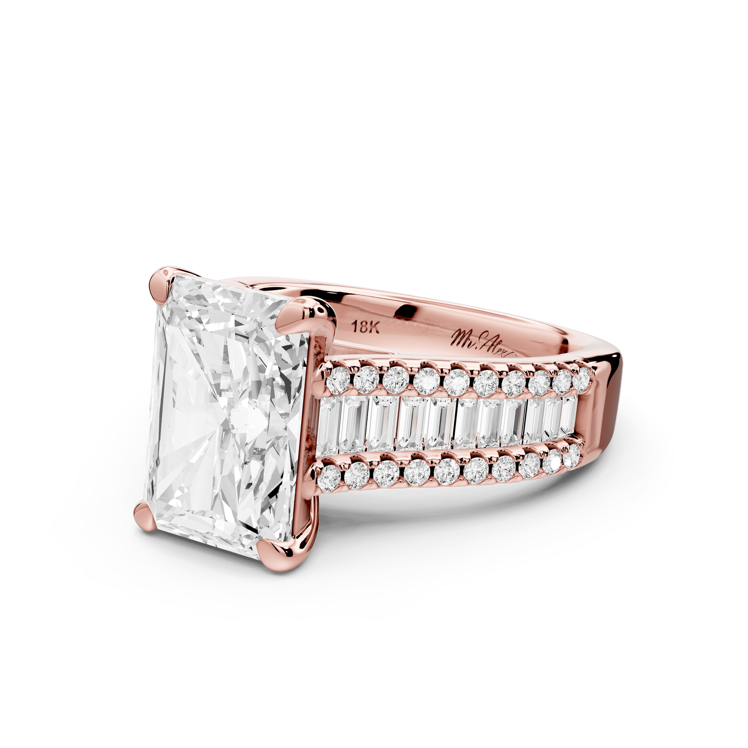 Estelle - 4ct 14k rose gold radiant diamond with emerald and round cut accent stones half band cathedral engagement ring - Mr. Alex Jewelry